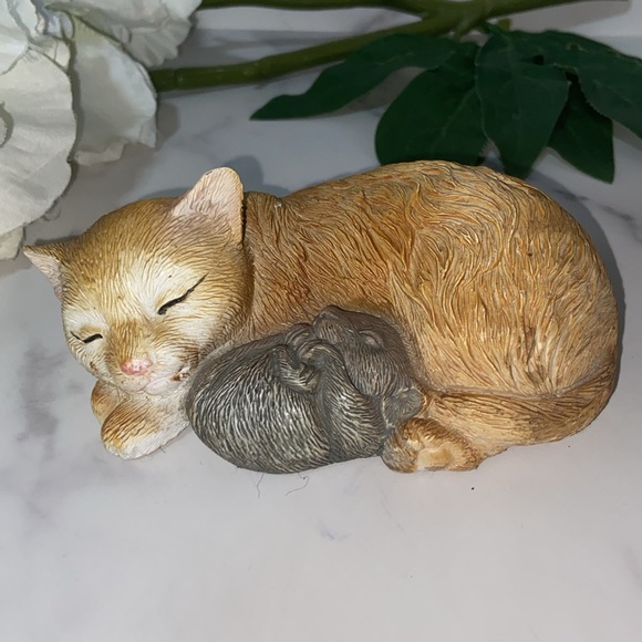Vintage Cat Figurine Ginger Kitty Gray Mouse Hand Painted Resin Statue Cat Mouse - Picture 5 of 14